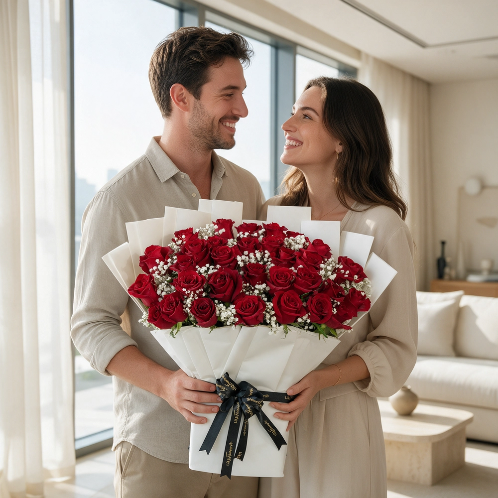 bouquet of 30 red roses with green fillers