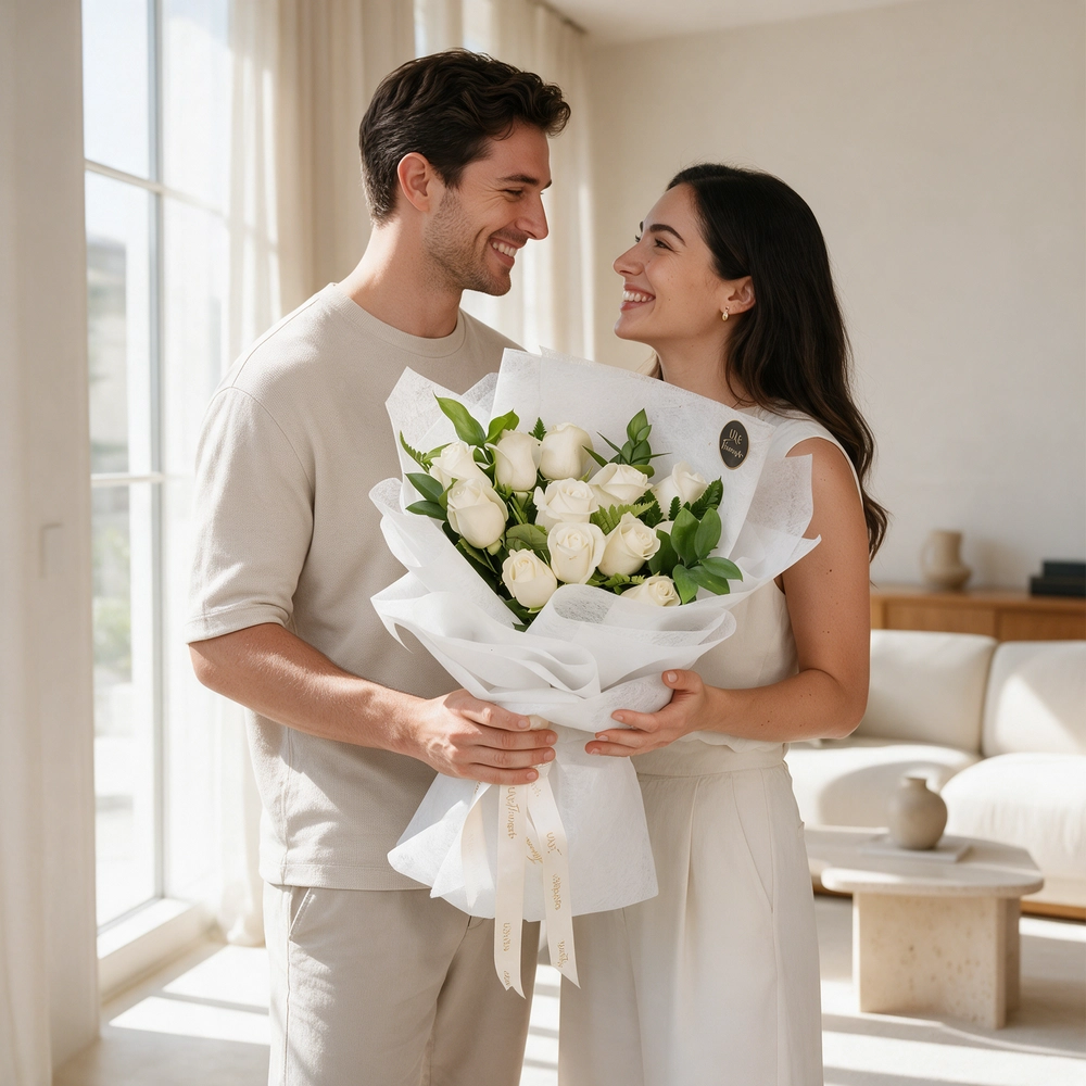 Bouquet of 12 white roses with green fillers in white wrapping paper.