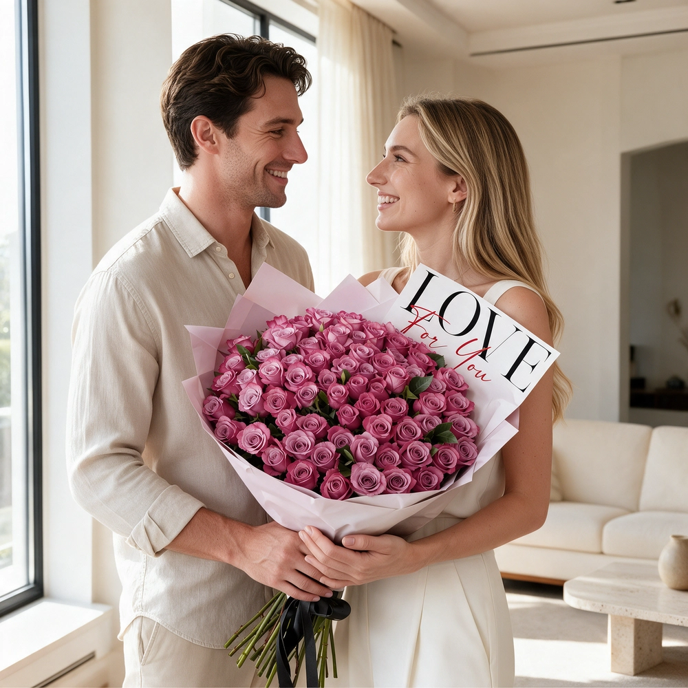 bouquet of 100 purple roses with green fillers,