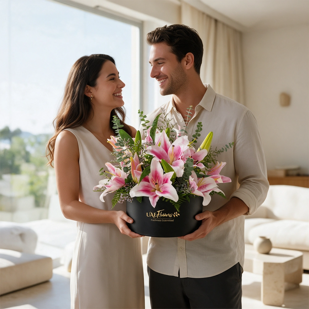 5 pink lilies with eucalyptus leaf and limonium fillers in a black round box