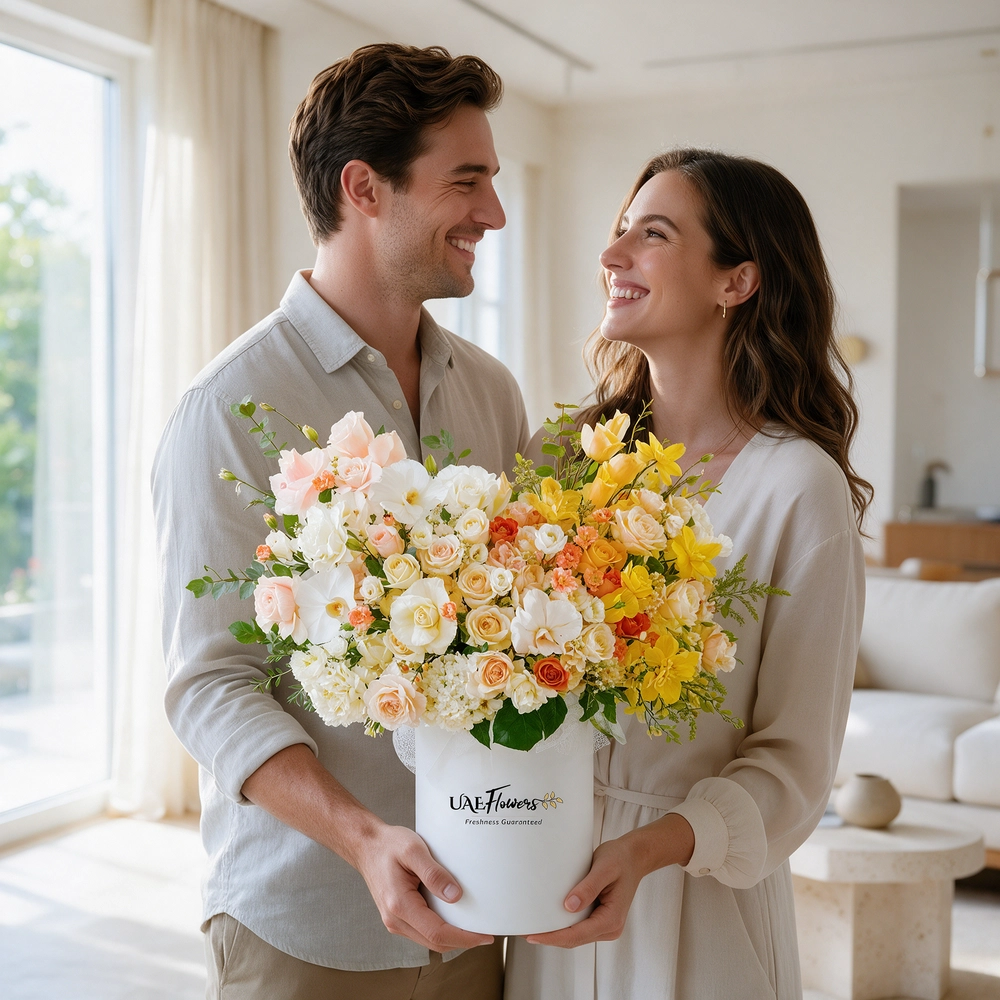 An arrangement of white lisianthus, peach spray carnations, white hydrangeas, yellow roses, orange roses, peach roses, cream roses, sprayed Yellow roses, sprayed yellow orchids and white cymbidium orchid with green fillers in a tall round box.