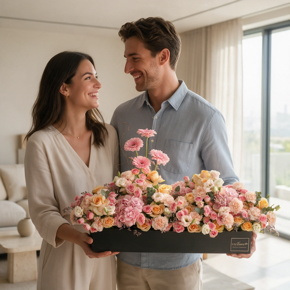 Arrangement of 4 pink gerberas, 3 pink hydrangeas, 20 pink carnations, 20 pink spray roses and 30 peach roses with green fillers in a long black box.