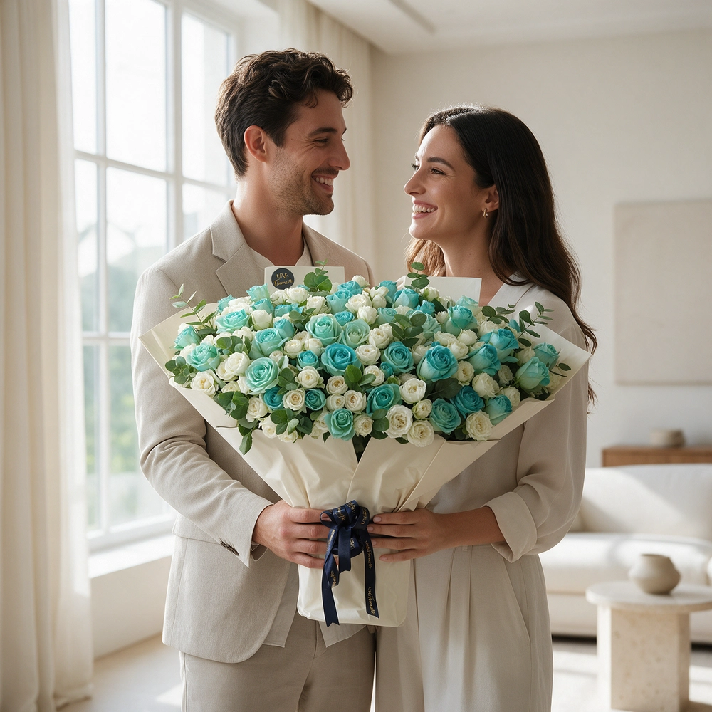 bouquet of 20 white spray roses and 30 blue sprayed roses with green fillers