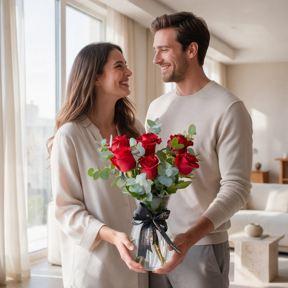 6 red roses arranged in a glass vase with eucalyptus