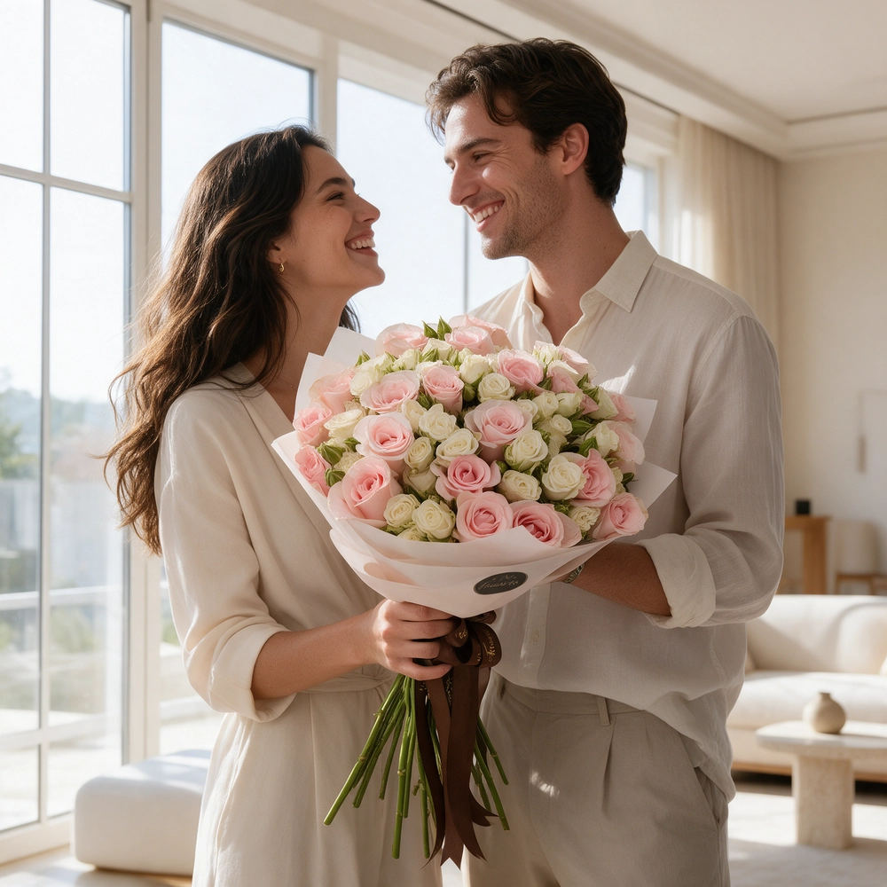 Bouquet of pink roses and white spray roses wrapped in elegant paper and tied with soft ribbons