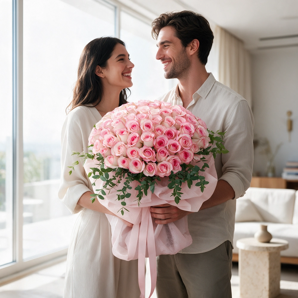 Bouquet of 40 Pink Roses with green fillers in nice wrapping