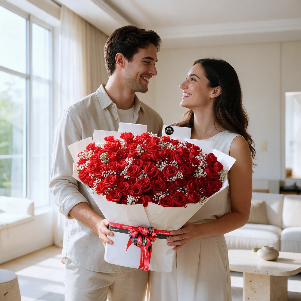 Bouquet of of 100 red roses with baby’s breath