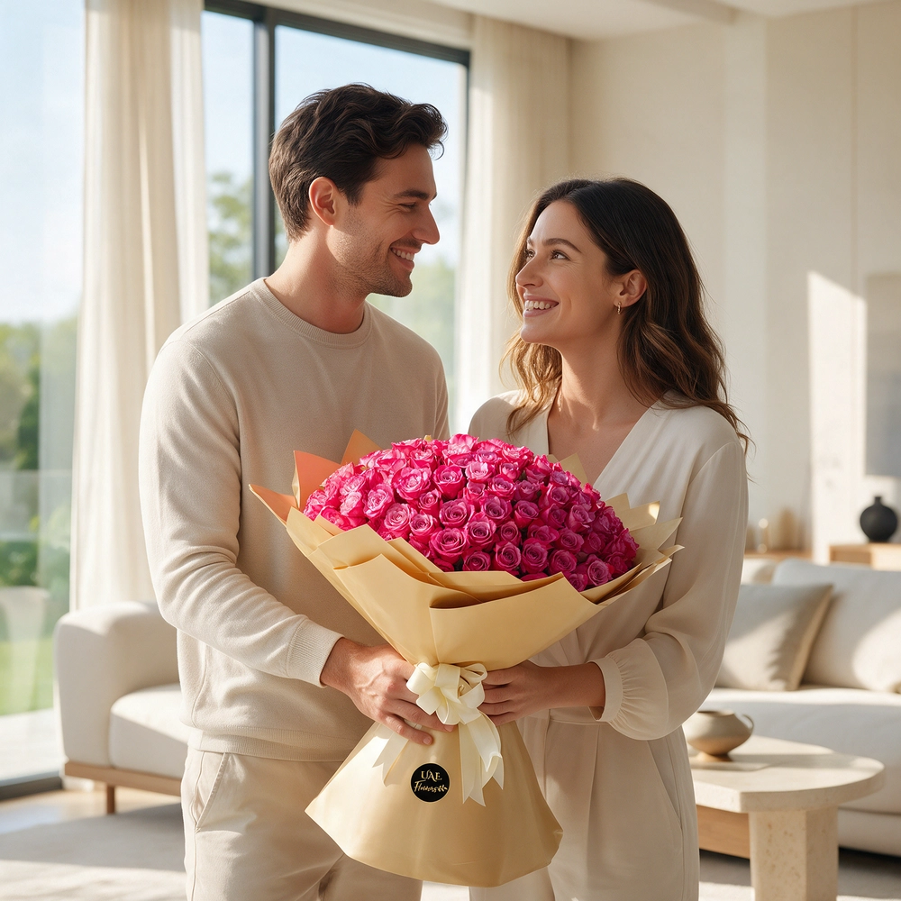bouquet of 100 purple roses with fillers