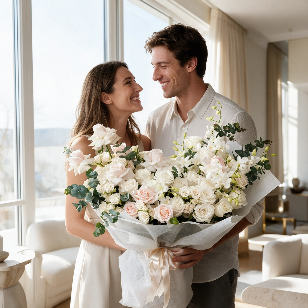 Bouquet of 20 white roses and 10 white spray roses with green fillers in white paper packing tied with white ribbon.