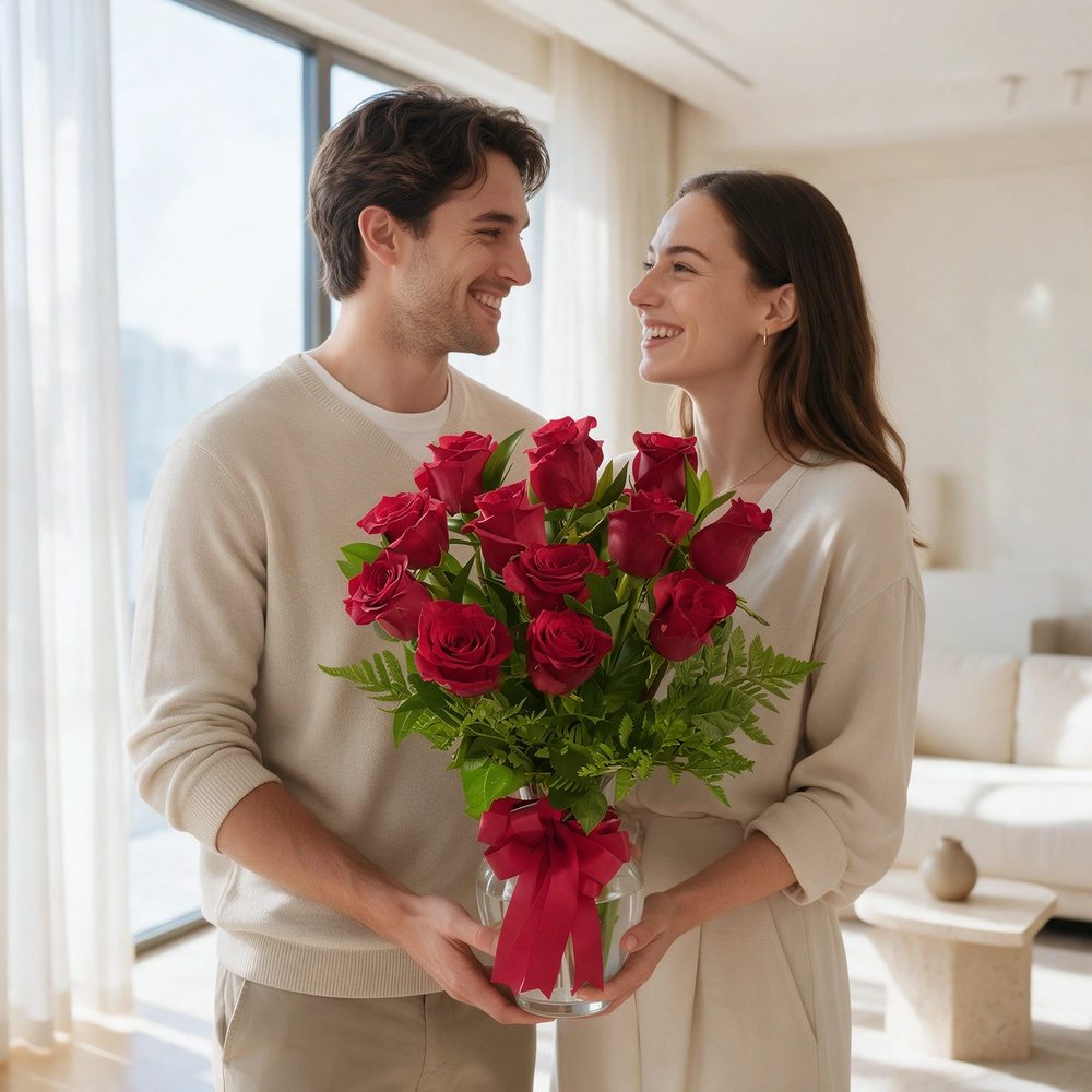 Clear glass vase with 12 red roses, eucalyptus, and green foliage, tied with a red satin ribbon.
