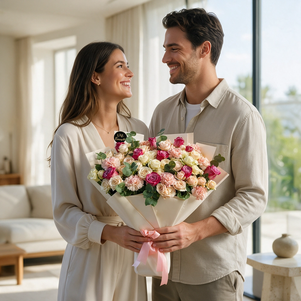 purple roses, 6 pink spray roses, 6 white spray roses and 6 pink carnations