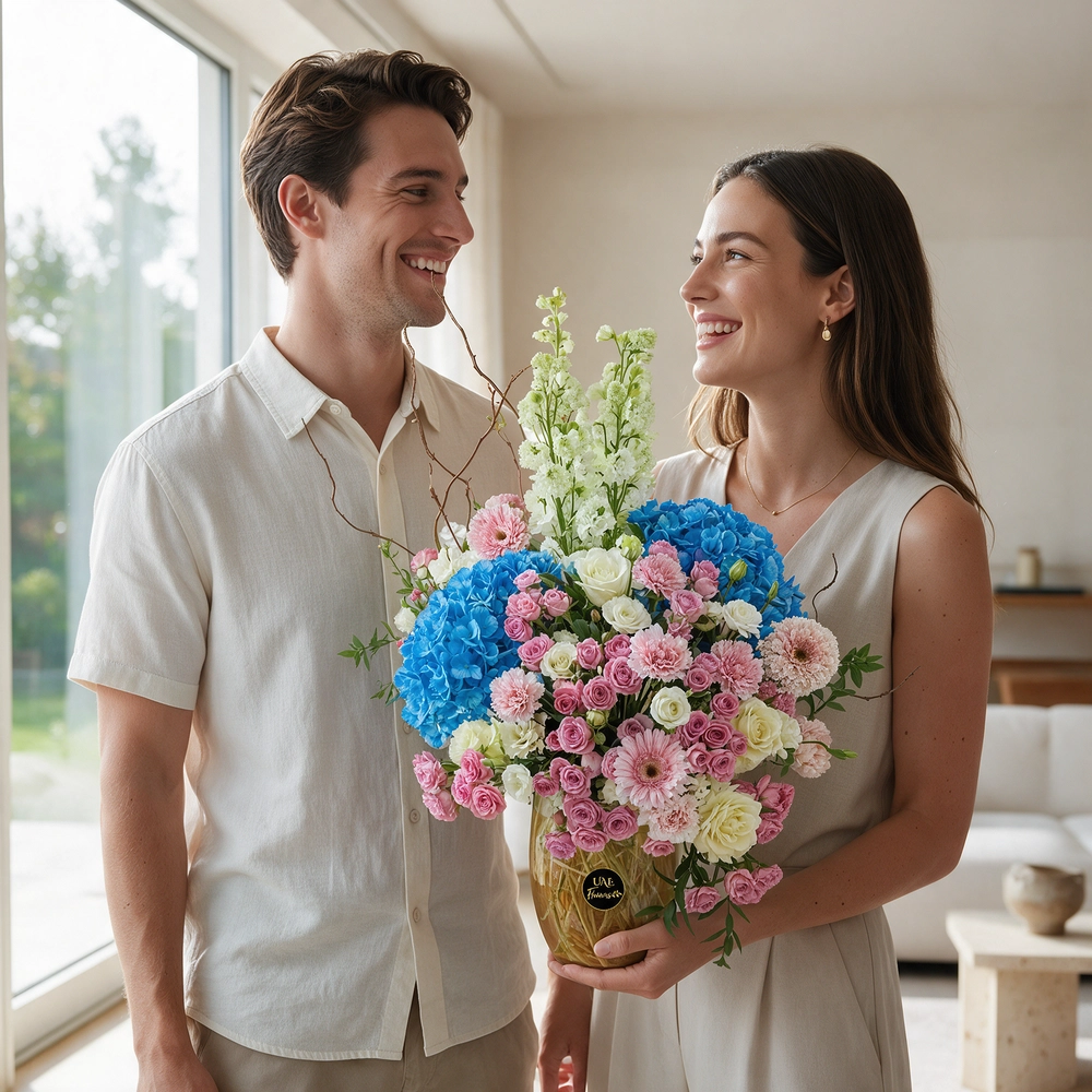 glass vase arrangement of blue hydrangeas, white delphinium, white roses, pink carnations, pink gerberas,