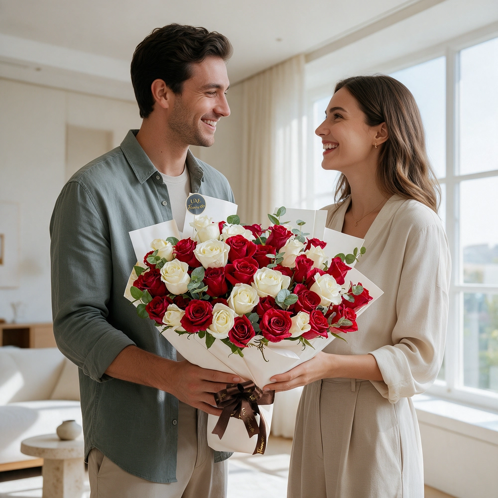 bouquet of 25 red and 15 white roses with green fillers in paper packing tied with ribbons