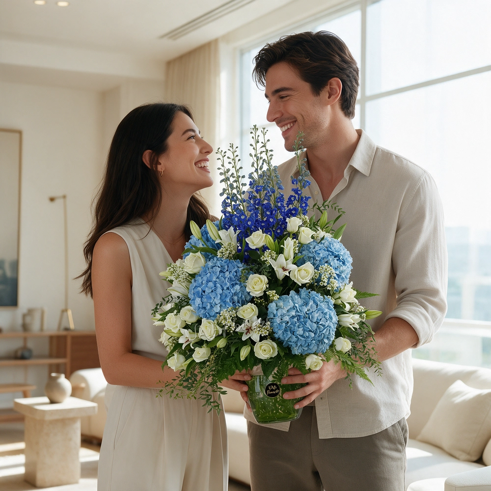 4 blue hydrangeas, 8 white lilies, 5 blue delphinium, and 20 white roses