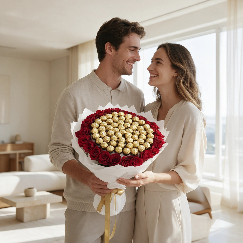 Grand Ferrero Rose Bouquet with 48 Ferrero Rocher chocolates, fresh red roses, premium white wrapping, and gold ribbon luxury gift arrangement.