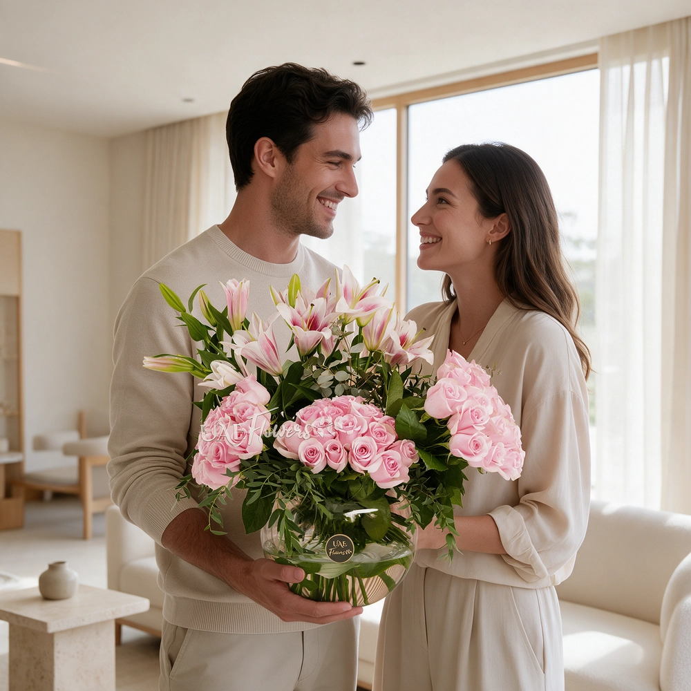 45 pink roses and 3 pink lilies