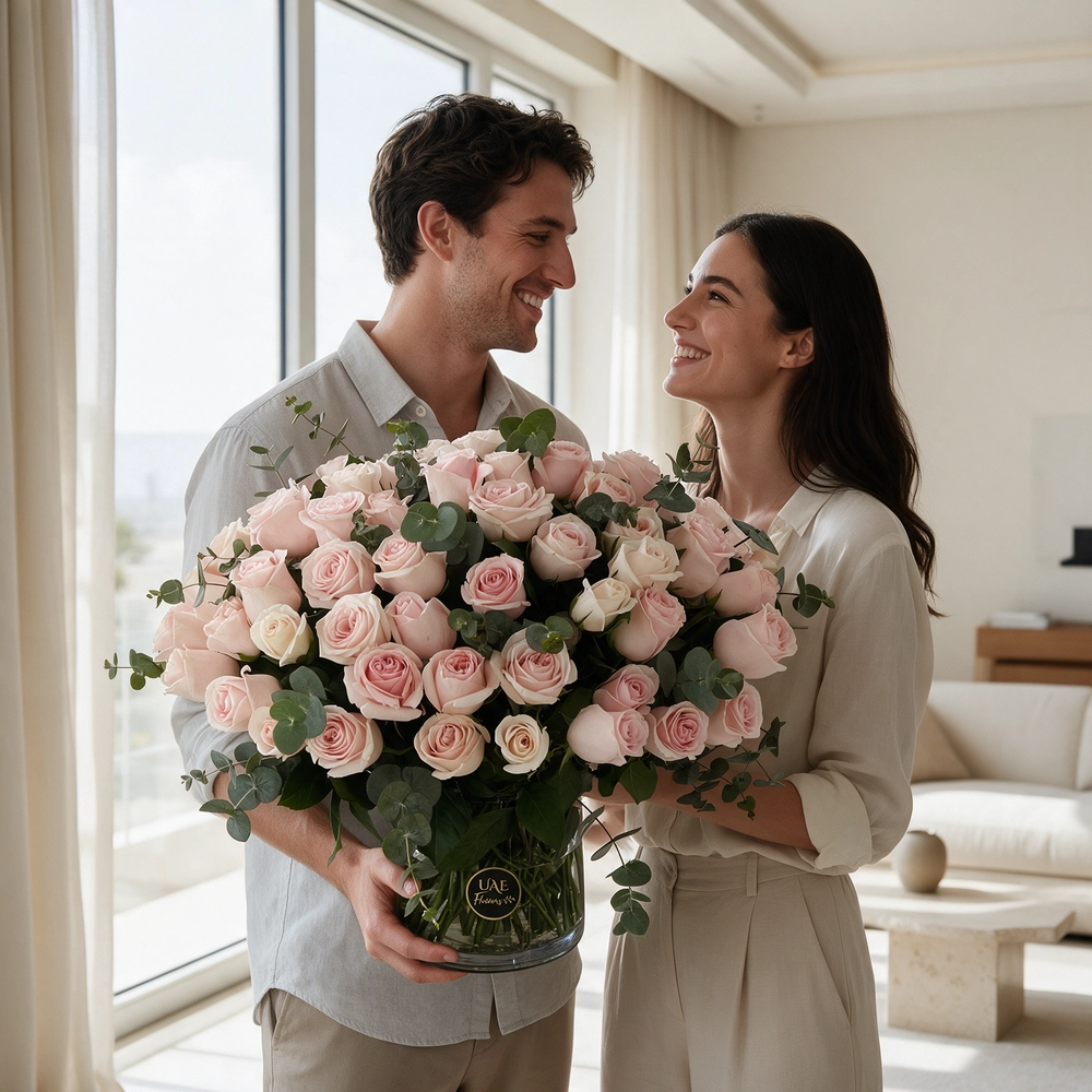 50 pink roses with eucalyptus leaves in a glass vase