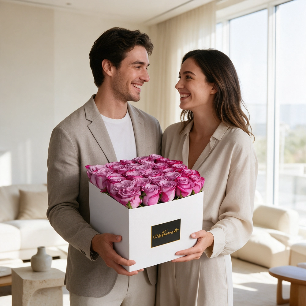 30 purple roses arranged in a white square box