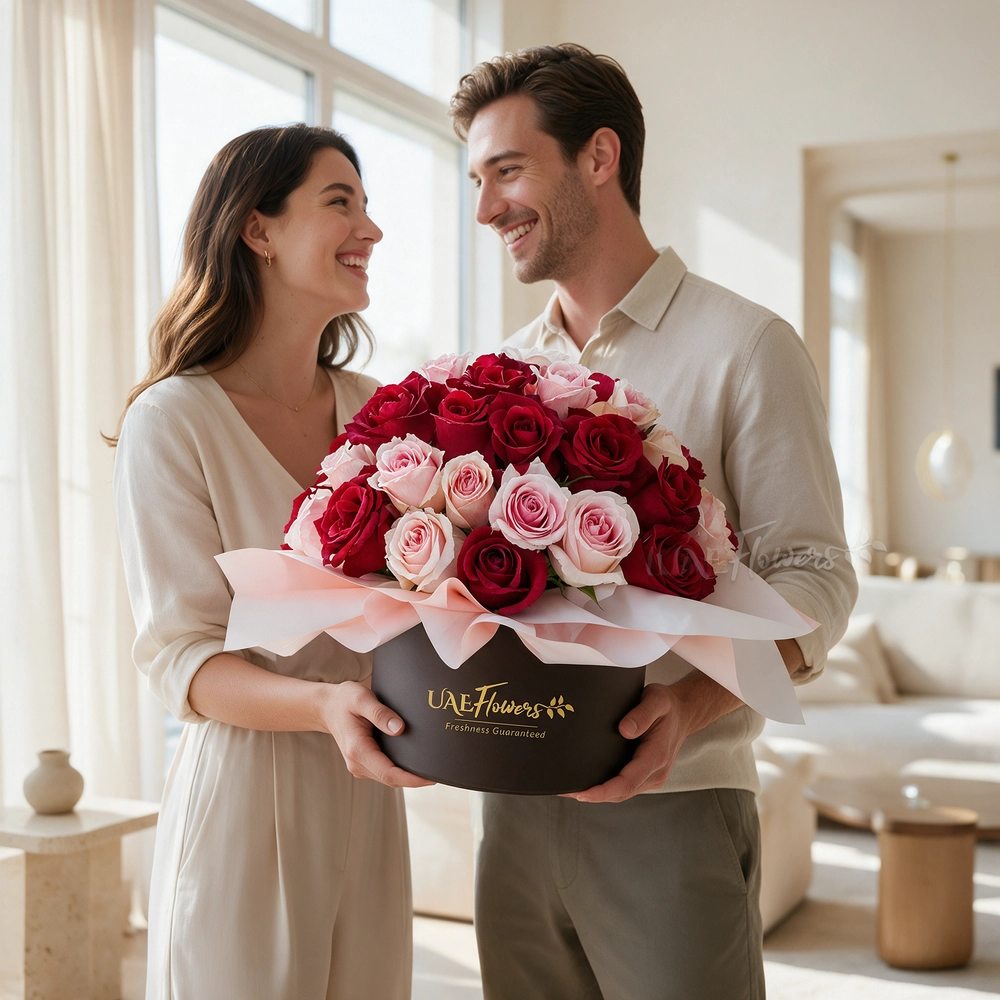 20 red and 20 pink roses neatly wrapped in a round box.