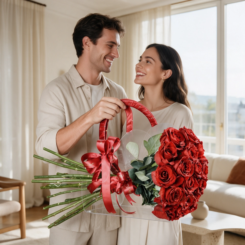 17 red roses placed in a transparent acrylic bag, tied with a ribbon