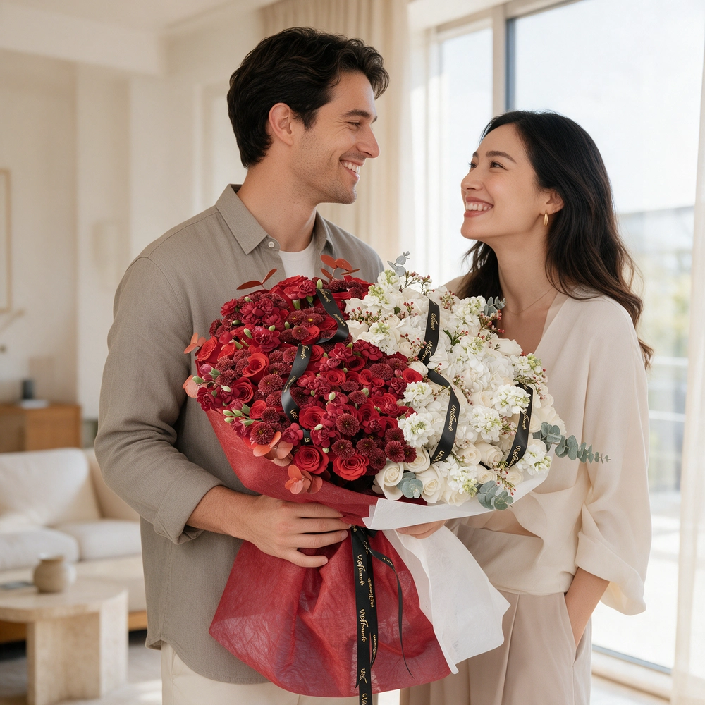 Bouquet of 25 red roses, 15 red chrysanthemums, 10 red spray carnations, 3 white hydrangeas, 25 white roses and 10 white matthiola with eucalyptus leaf in red and white wrapping paper tied with ribbon.