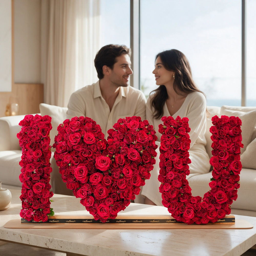 350 to 400 red spray rose buds arranged in an I Love You shape