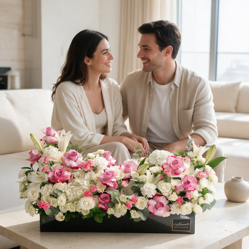 Arrangement of 5 white lilies, 15 purple roses, 15 white roses, 10 white carnations, 10 pink carnations, 10 white spray roses and 2 white hydrangeas with green fillers in a long black box.