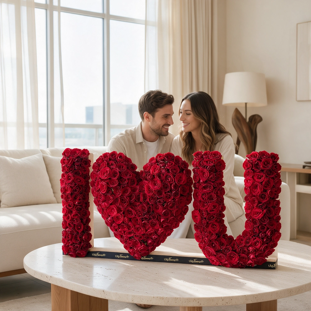 350 red spray rose buds arranged in an I Love You shape