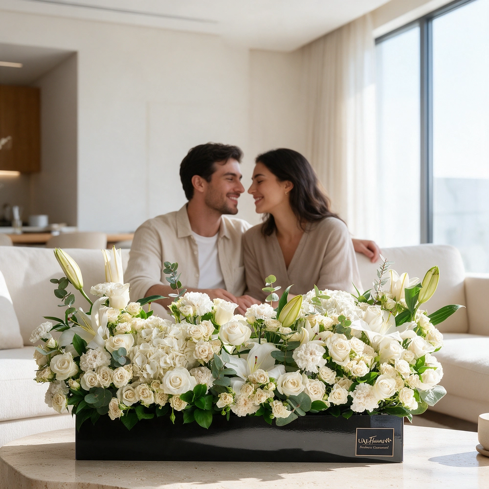 Arrangement of 5 white lilies, 20 white roses, 20 white spray roses, 10 white carnations and 2 white hydrangeas with green fillers in a long black box.