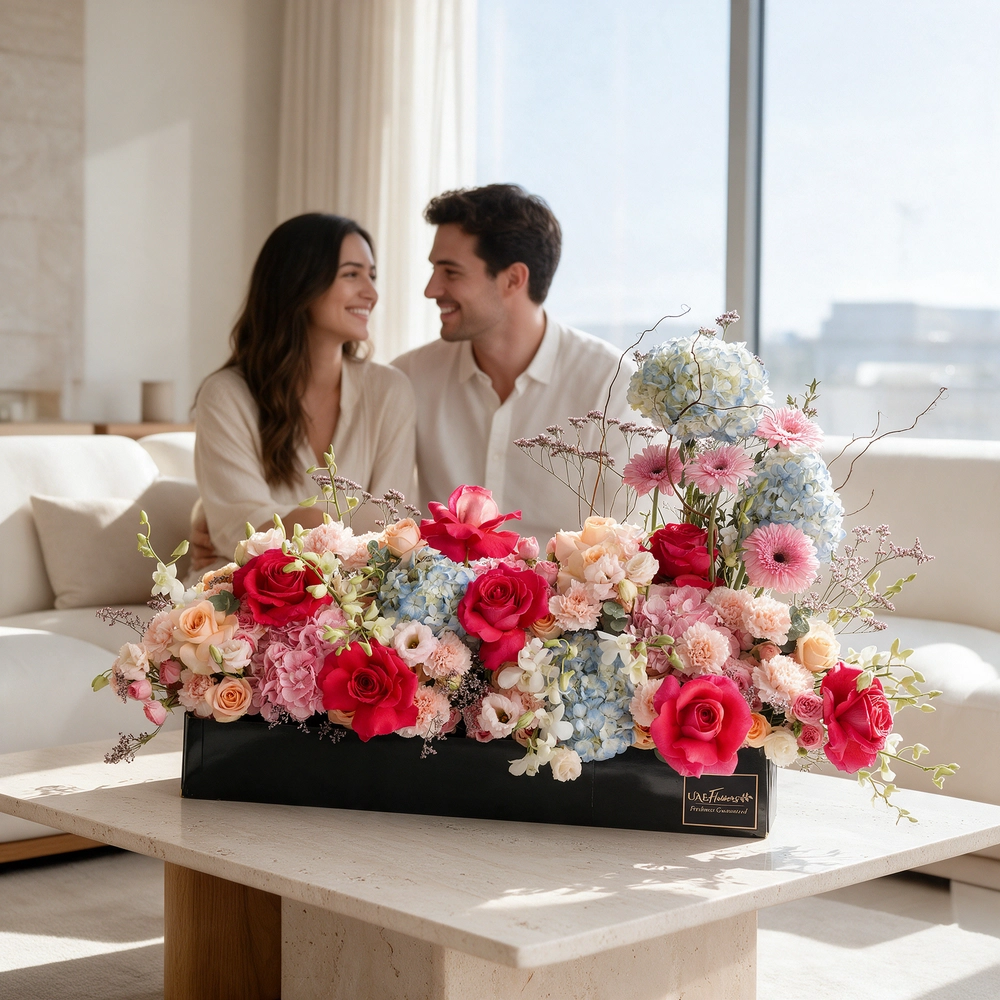 Arrangement of 4 blue hydrangeas, 2 pink hydrangeas, 20 pink carnations, 10 pink spray roses, 10 peach roses and 4 pink gerberas with green fillers in a long black box.
