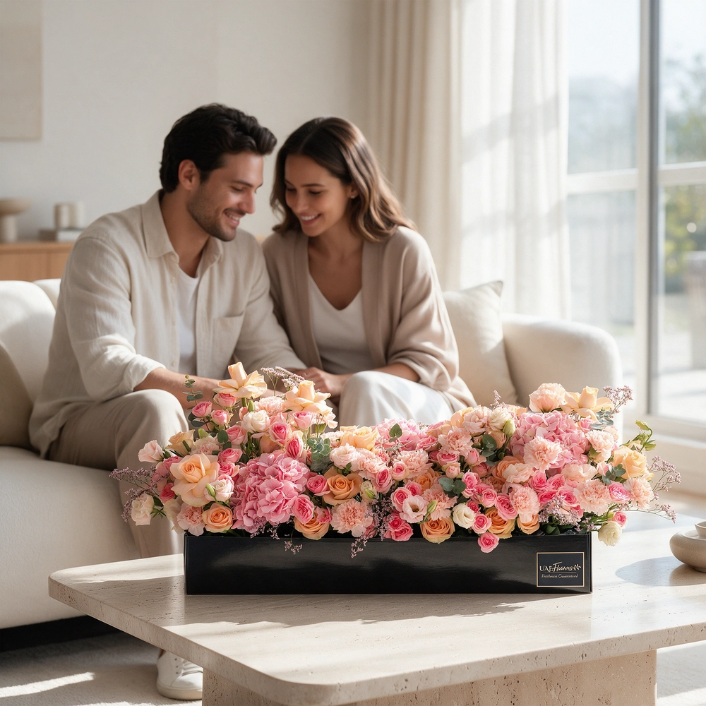 Arrangement of 20 peach roses, 20 pink carnations, 20 pink spray roses and 3 pink hydrangeas with green fillers in a long black box.