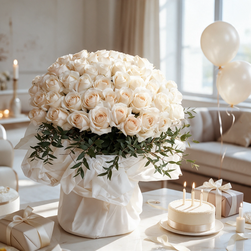 A bouquet of 40 white roses with greens in white and black wrapping paper tied with a white ribbon