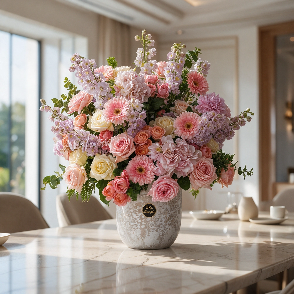 36 flowers, including pink delphiniums, hydrangeas, spray roses, garden roses, gerberas