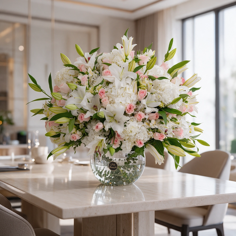 Clear glass vase with white hydrangeas, lilies, alstroemeria, and pink roses, accented with lush green fillers.