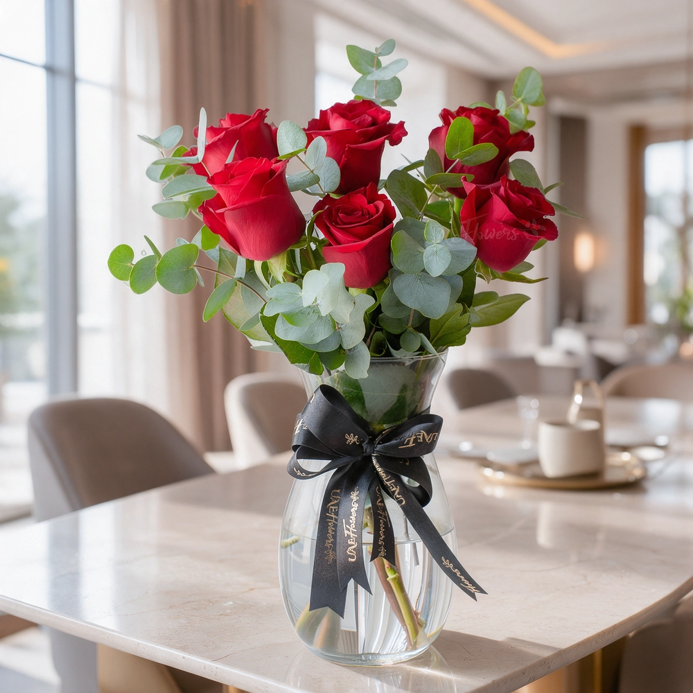 6 red roses arranged in a glass vase with eucalyptus