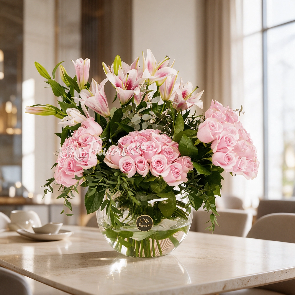 45 pink roses and 3 pink lilies