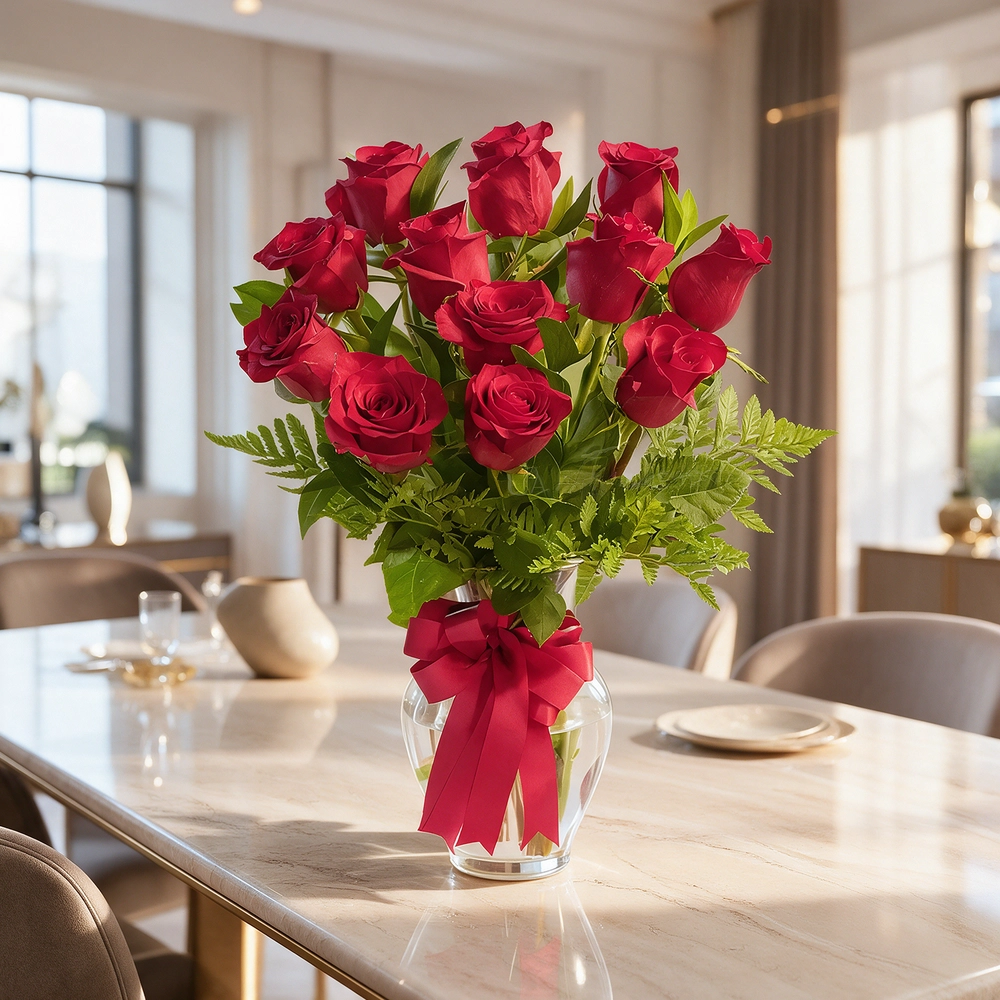 Clear glass vase with 12 red roses, eucalyptus, and green foliage, tied with a red satin ribbon.