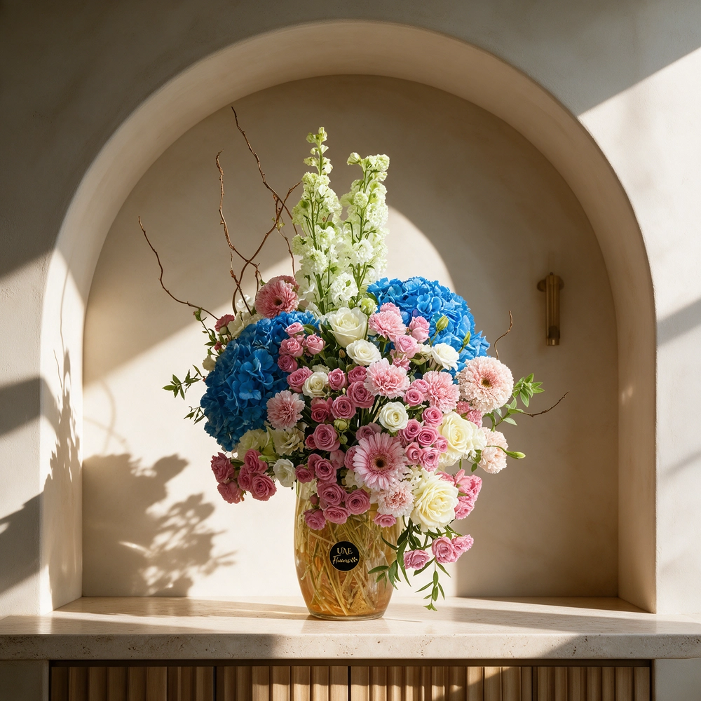 glass vase arrangement of blue hydrangeas, white delphinium, white roses, pink carnations, pink gerberas,