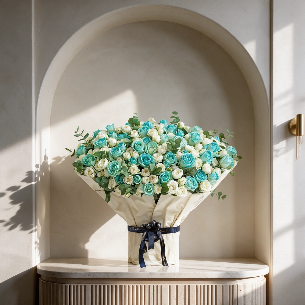 bouquet of 20 white spray roses and 30 blue sprayed roses with green fillers