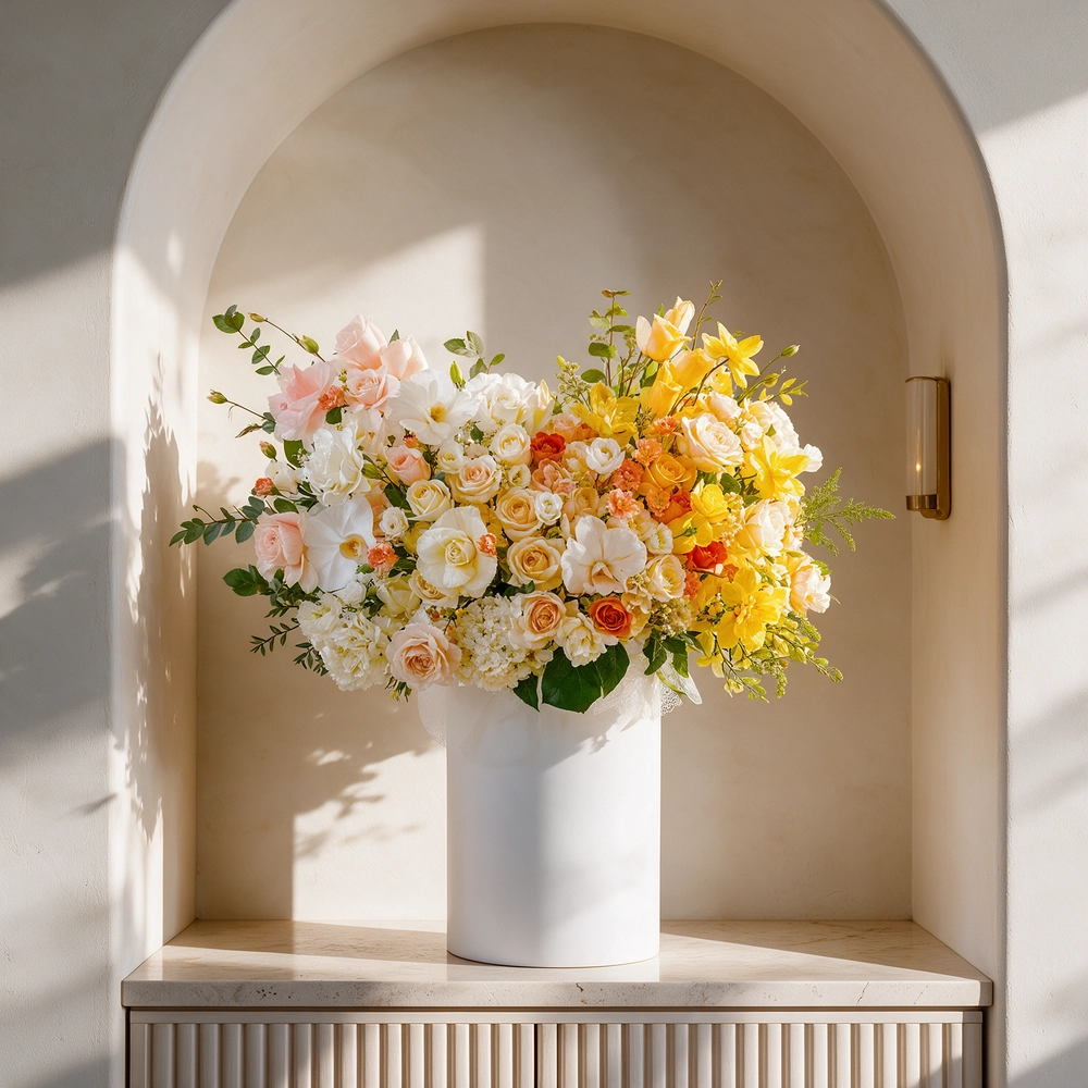An arrangement of white lisianthus, peach spray carnations, white hydrangeas, yellow roses, orange roses, peach roses, cream roses, sprayed Yellow roses, sprayed yellow orchids and white cymbidium orchid with green fillers in a tall round box.