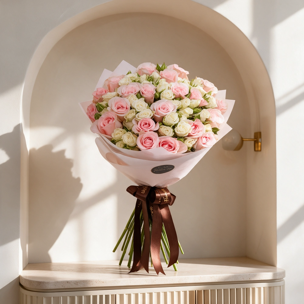 Bouquet of pink roses and white spray roses wrapped in elegant paper and tied with soft ribbons