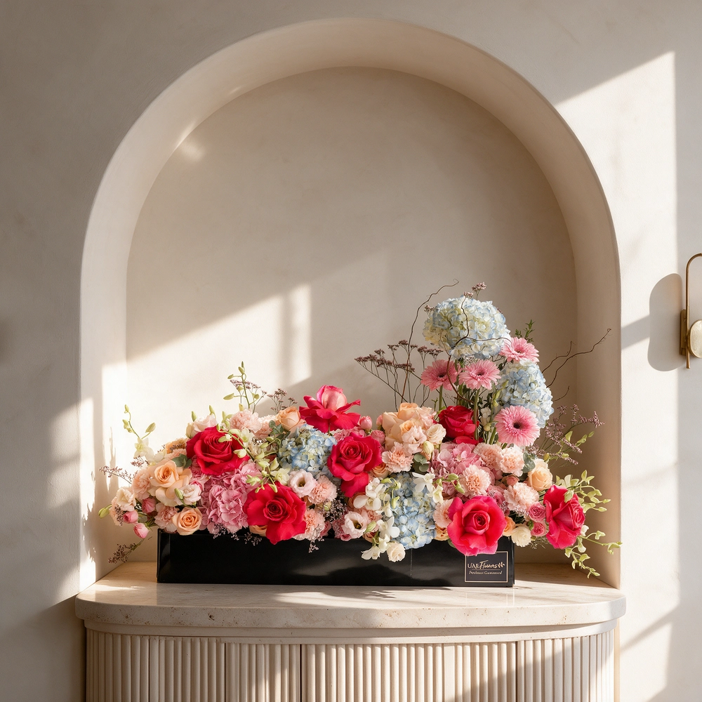 Arrangement of 4 blue hydrangeas, 2 pink hydrangeas, 20 pink carnations, 10 pink spray roses, 10 peach roses and 4 pink gerberas with green fillers in a long black box.