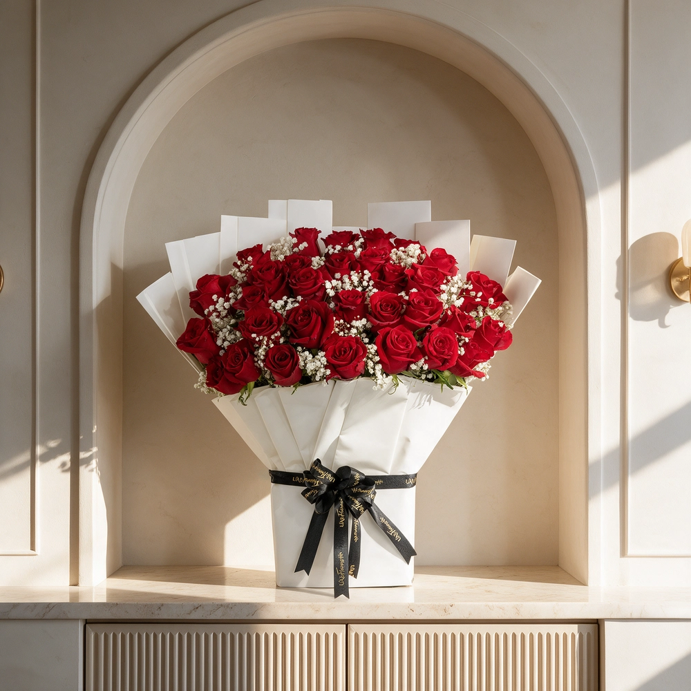 bouquet of 30 red roses with green fillers