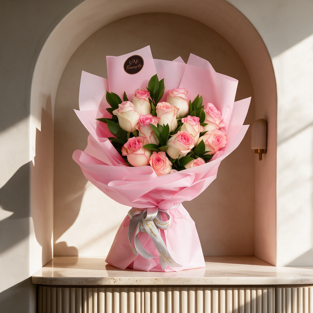 Bouquet of 12 pink roses with green fillers in pink wrapping paper.