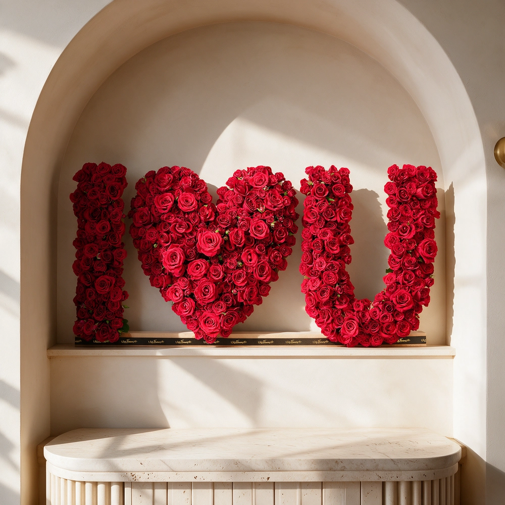 350 to 400 red spray rose buds arranged in an I Love You shape