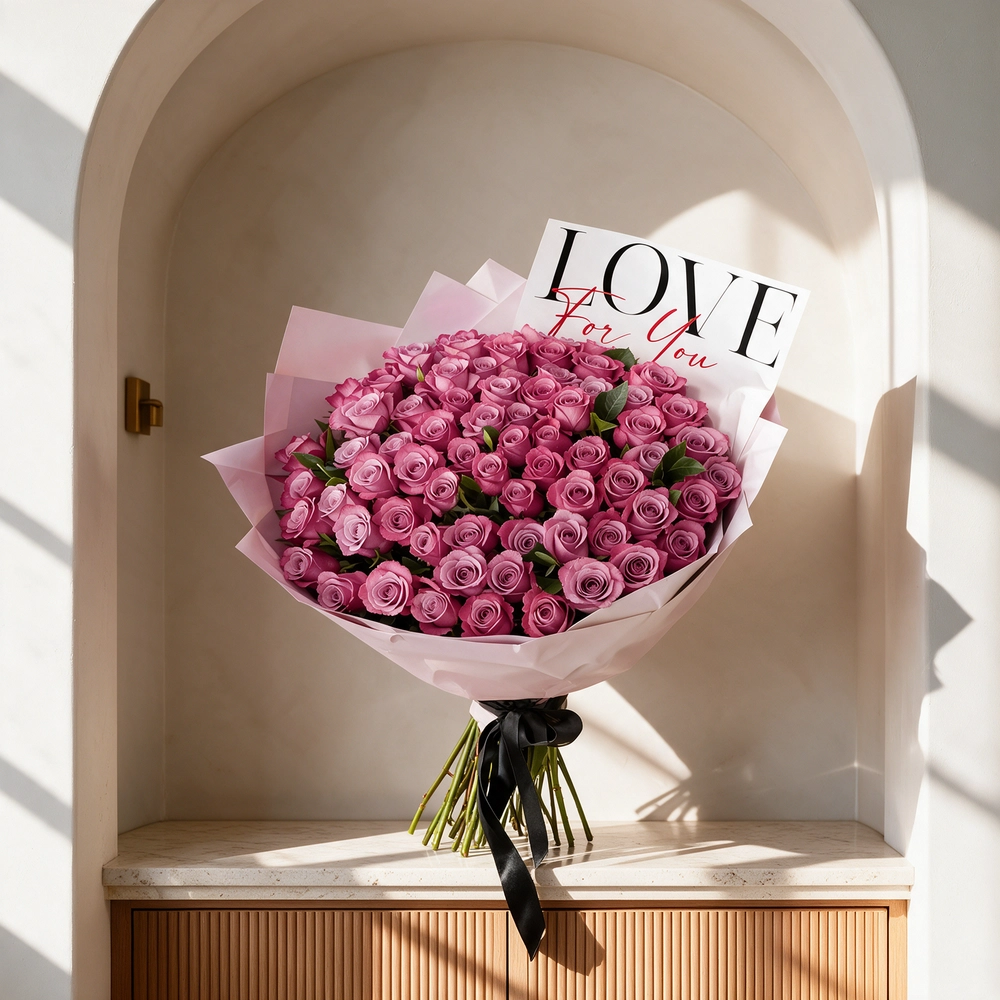 bouquet of 100 purple roses with green fillers,