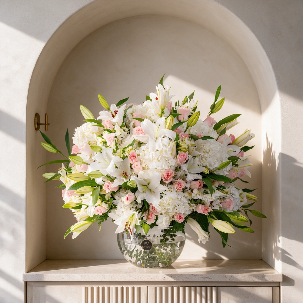 Clear glass vase with white hydrangeas, lilies, alstroemeria, and pink roses, accented with lush green fillers.