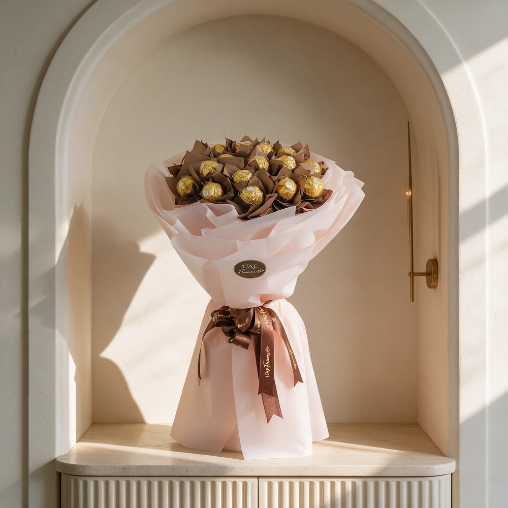 Bouquet of 16 Ferrero Rocher chocolates elegantly wrapped in paper and tied with ribbons, perfect for birthdays, anniversaries, or romantic gifting.
