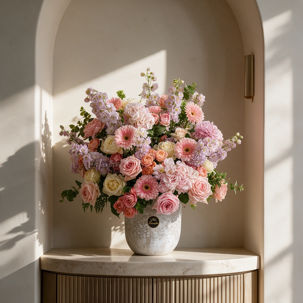 36 flowers, including pink delphiniums, hydrangeas, spray roses, garden roses, gerberas
