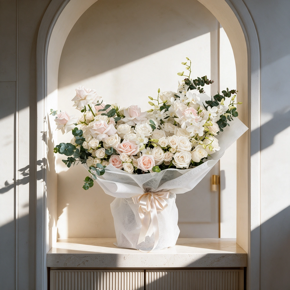 Bouquet of 20 white roses and 10 white spray roses with green fillers in white paper packing tied with white ribbon.